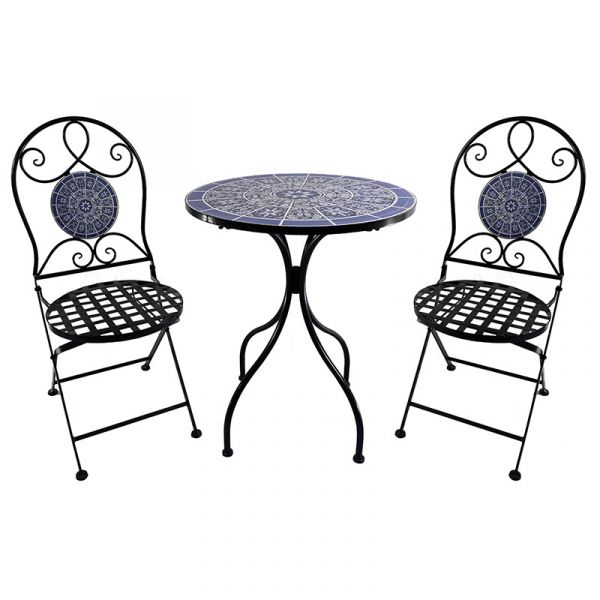 3 Piece Metal Garden Bistro Set - Purple & White Mosaic Design