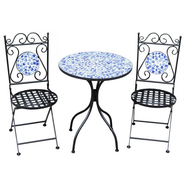 3 Piece Metal Garden Bistro Set - Blue & White Mosaic Design