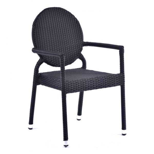 Molby 90cm Square Grey Polyresin Topped Table with 4 Molby Rattan Effect Round Back Arm Chair – Black Weave