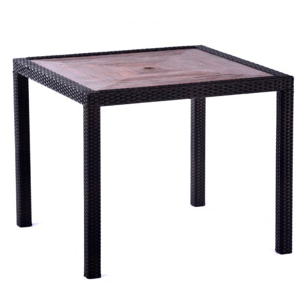 Ascot 90cm Square Teak Polyresin Topped Table with 4 Madrid Rattan Effect Polypropylene Side Chair Set – Black/Brown Weave