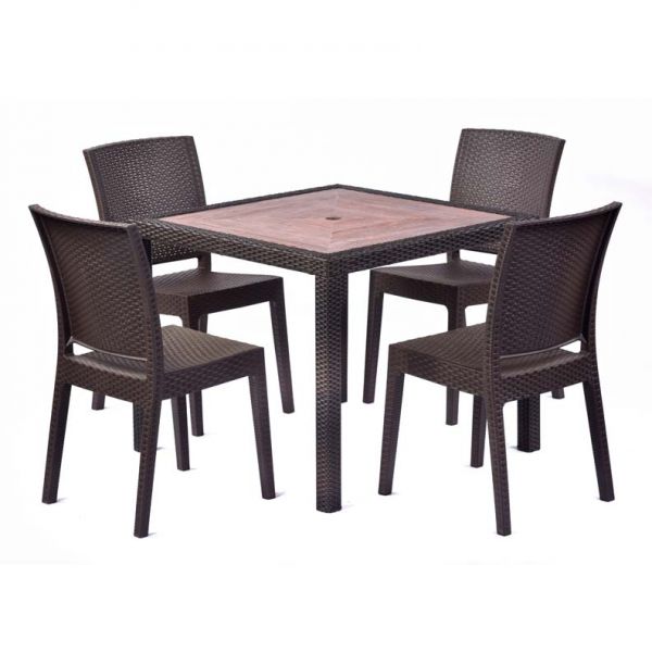 Ascot 90cm Square Teak Polyresin Topped Table with 4 Madrid Rattan Effect Polypropylene Side Chair Set – Black/Brown Weave