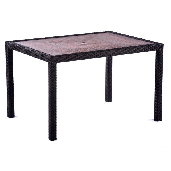 Ascot 120x90cm Rectangular Teak Polyresin Topped Table with 4 Madrid Rattan Effect Polypropylene Side Chair Set – Black/Brown Weave