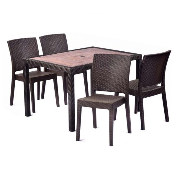 Ascot 120x90cm Rectangular Teak Polyresin Topped Table with 4 Madrid Rattan Effect Polypropylene Side Chair Set – Black/Brown Weave