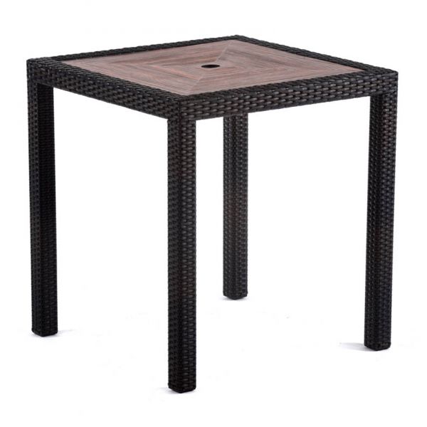 Ascot 70cm Square Teak Polyresin Topped Table with 2 Madrid Rattan Effect Polypropylene Side Chair Set – Black/Brown Weave