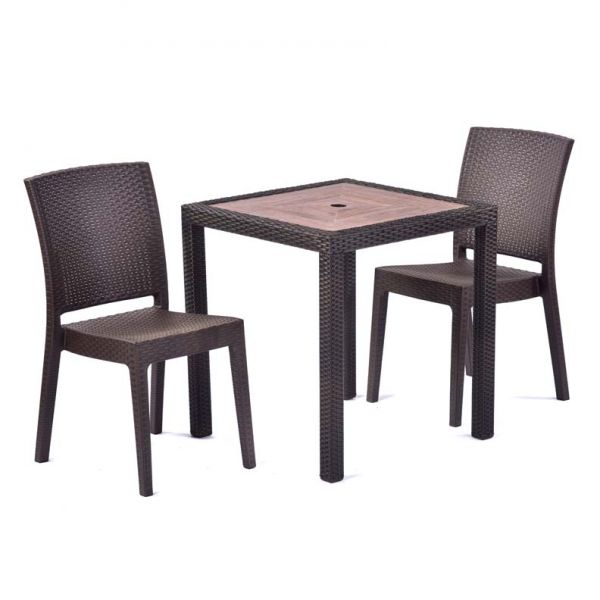 Ascot 70cm Square Teak Polyresin Topped Table with 2 Madrid Rattan Effect Polypropylene Side Chair Set – Black/Brown Weave