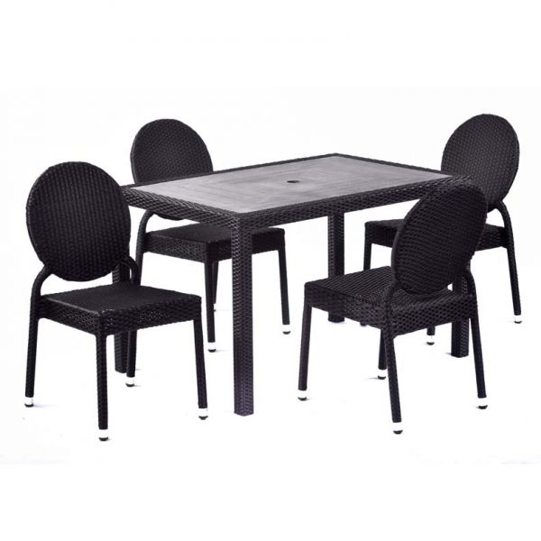 Molby 120x80cm Rectangular Grey Polyresin Topped Table with 4 Molby Rattan Effect Round Back Side Chair Set – Black Weave