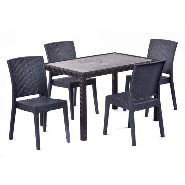 Molby 120x80cm Rectangular Grey Polyresin Topped Table with 4 Madrid Rattan Effect Polypropylene Side Chair Set – Black/Anthracite Weave