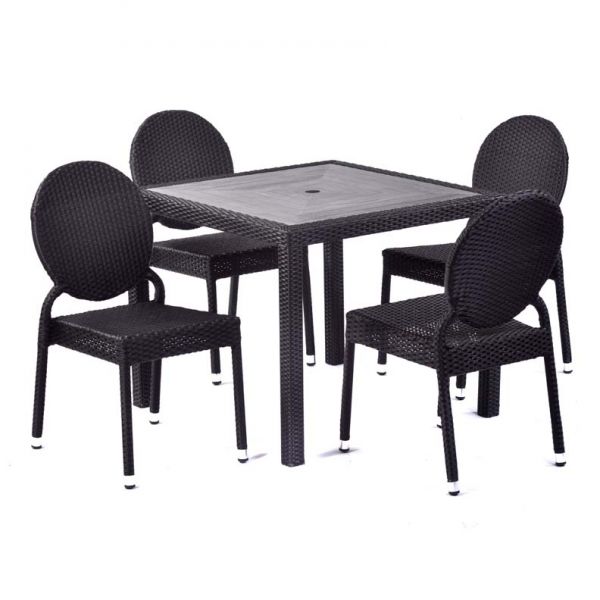 Molby 90cm Square Grey Polyresin Topped Table with 4 Molby Rattan Effect Round Back Side Chair Set – Black Weave