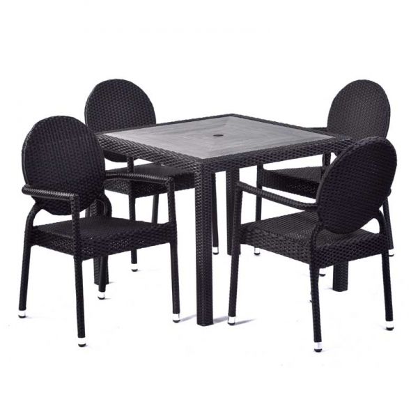 Molby 90cm Square Grey Polyresin Topped Table with 4 Molby Rattan Effect Round Back Arm Chair – Black Weave