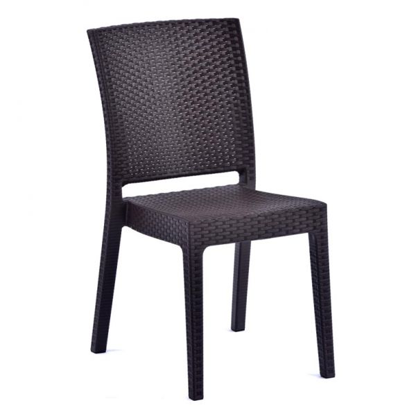 Ascot 90cm Square Teak Polyresin Topped Table with 4 Madrid Rattan Effect Polypropylene Side Chair Set – Black/Brown Weave