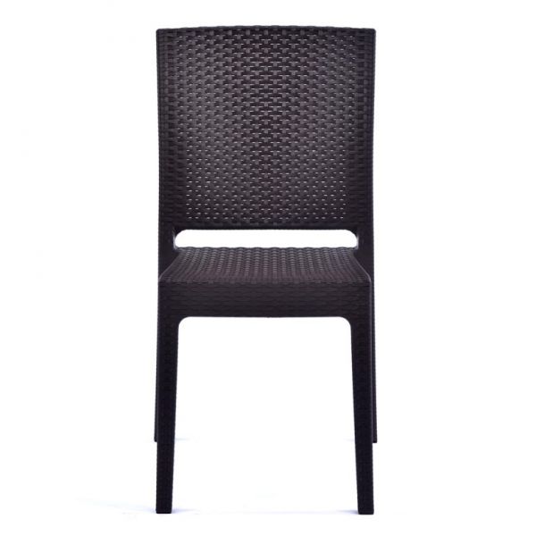 Ascot 90cm Square Teak Polyresin Topped Table with 4 Madrid Rattan Effect Polypropylene Side Chair Set – Black/Brown Weave