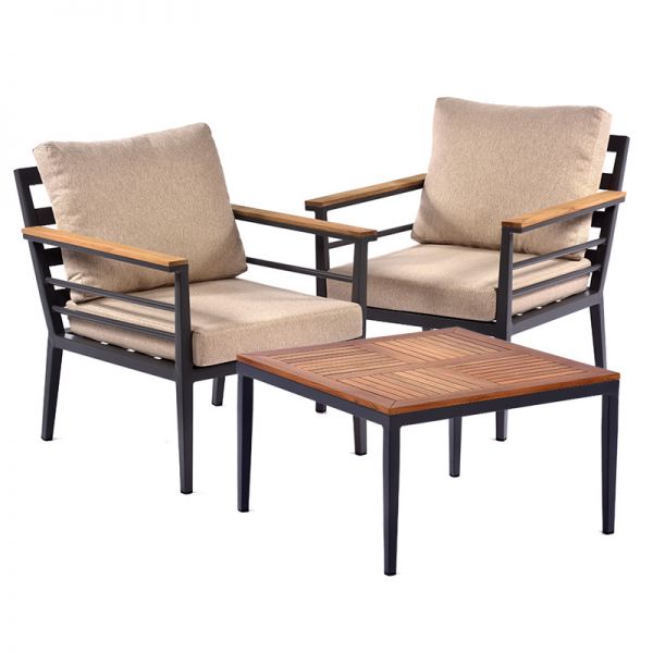 Premium Livorno Teak Wood & Aluminium Sofa Chair (Pair) with Coffee Table