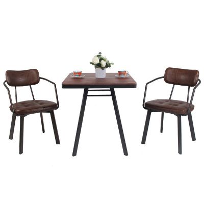 Belper 70cm Square Dining Table with 2 Armchair Set – Steel & Ashwood – Faux Leather