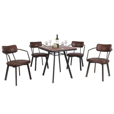 Belper 70cm Square Dining Table with 4 Arm Chair Set – Steel & Ashwood – Faux Leather