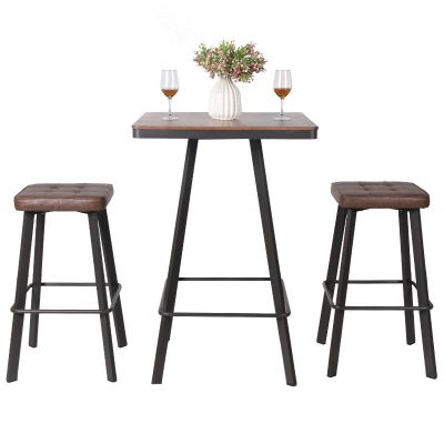 Belper 70cm Square Bar Table with 2 Arm Chair Set – Steel & Ashwood – Faux Leather