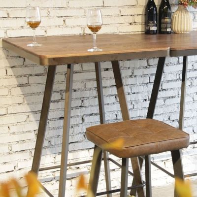 Belper 70cm Square Bar Table with 2 Arm Chair Set – Steel & Ashwood – Faux Leather