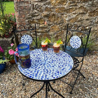 3 Piece Metal Garden Bistro Set - Blue & White Mosaic Design