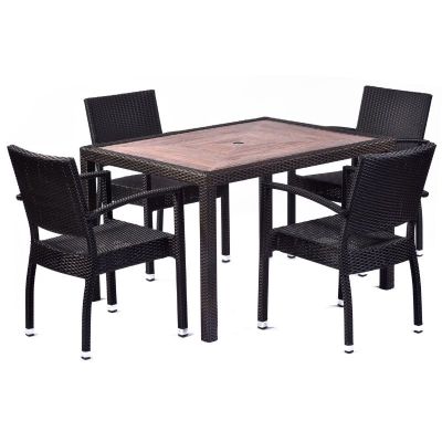 Ascot 120x90cm Rectangular Teak Polyresin Topped Table with 4 Ascot Arm Chair Set - Black/Brown Rattan Weave