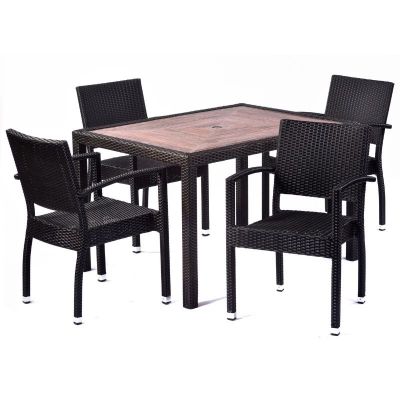 Ascot 120x90cm Rectangular Teak Polyresin Topped Table with 4 Ascot Arm Chair Set - Black/Brown Rattan Weave