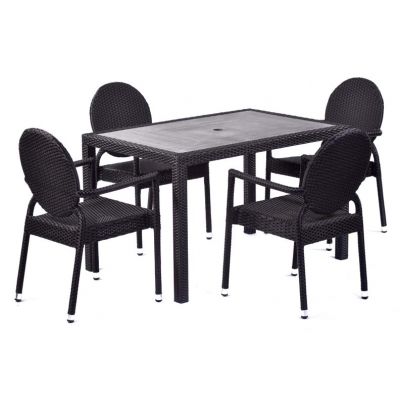 Molby 120x80cm Rectangular Grey Polyresin Topped Table with 4 Molby Rattan Effect Round Back Arm Chair Set – Black Weave