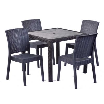 Molby 90cm Square Grey Polyresin Topped Table with 4 Madrid Rattan Effect Polypropylene Side Chair Set – Black/Anthracite Weave