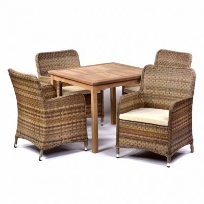 Warwick 90cm Square Teak Dining Table with 4 Halton Tub Arm Chair Set – Brown Weave