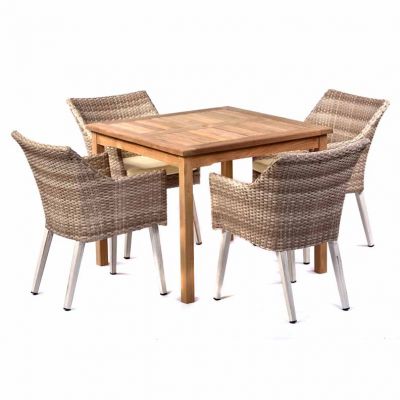 Warwick 90cm Square Teak Dining Table with 4 Rochelle Dining Chairs – Cream Weave